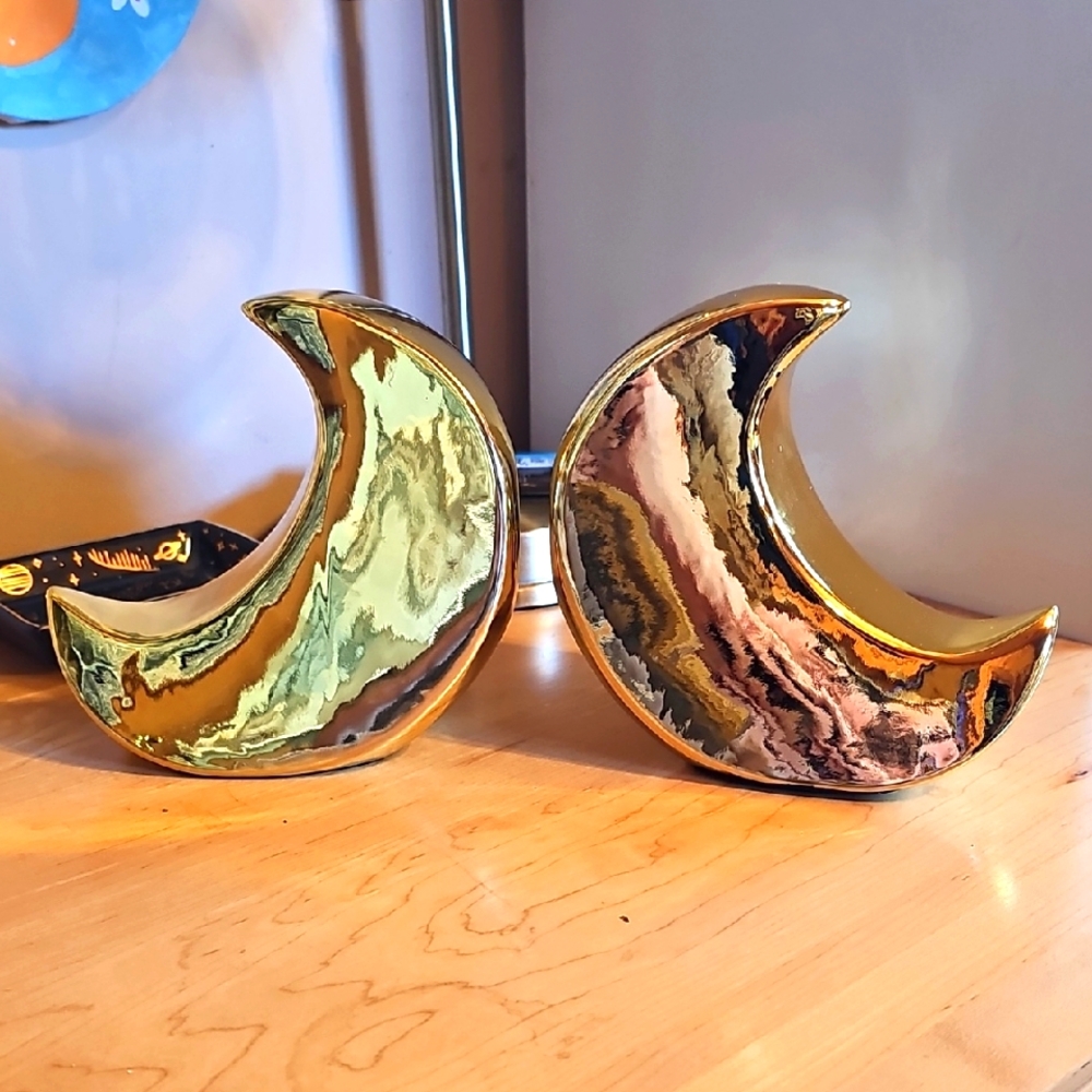 XO, Sienna Gold Crescent Moon Lunar Bookends NIB